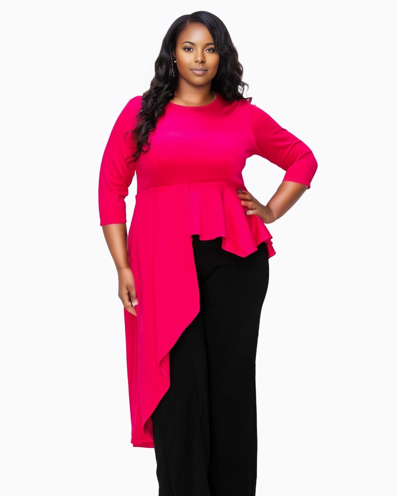 Front of a model wearing a size 3X Sanctuary Asymmetrical Peplum Top in Fuchsia by L I V D. | dia_product_style_image_id:315890